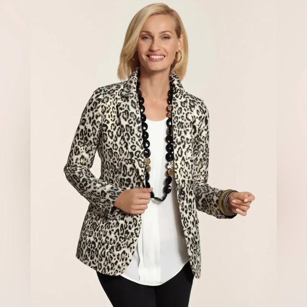 CHICO’S Blazer in Jacquard Leopard Print with Metallic Accents, Sz 0 (US 4 / S) - Picture 3 of 8
